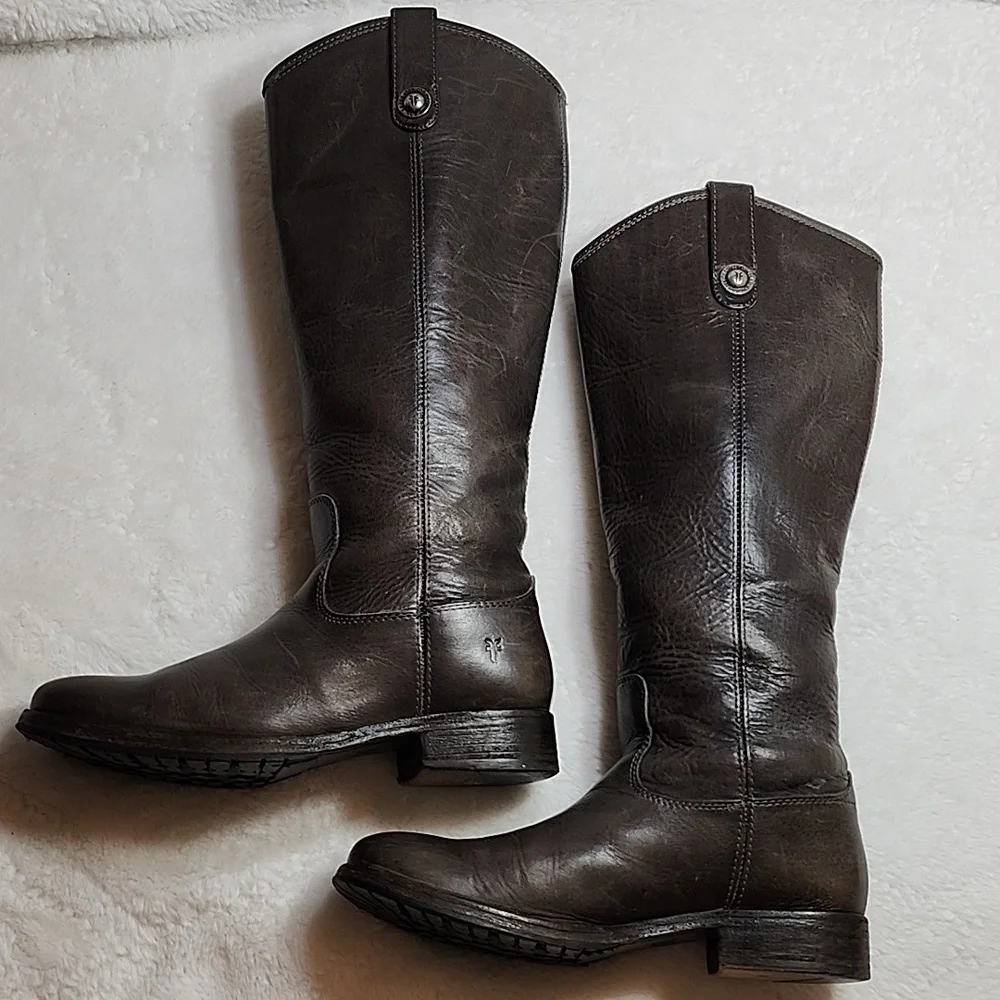Frye Melissa Tall Western Riding Lug Boots Gray Leather Sz 6.5